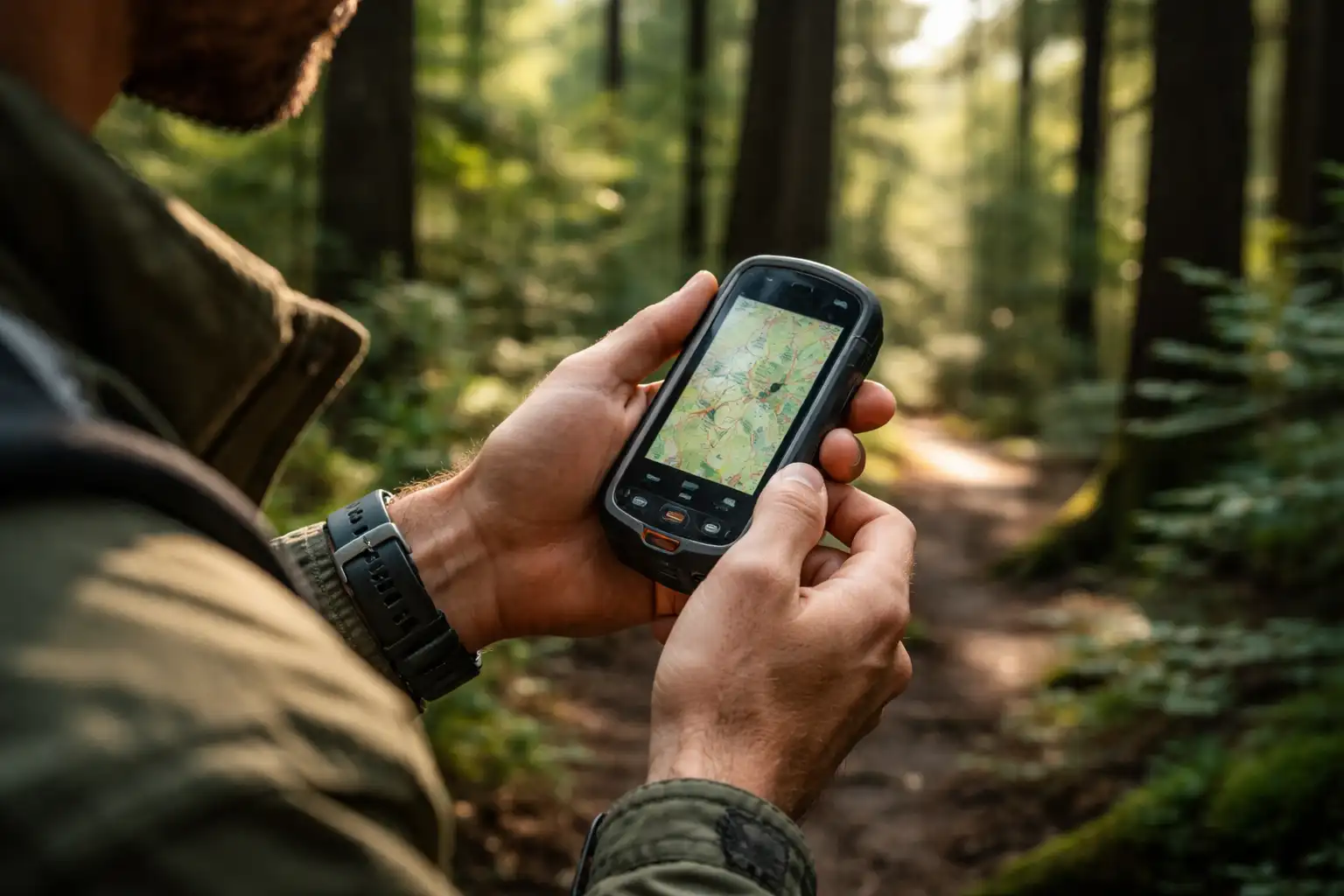 Randonneur consultant un GPS de randonnée robuste en pleine forêt dense, écran transflectif lisible sous le couvert végétal