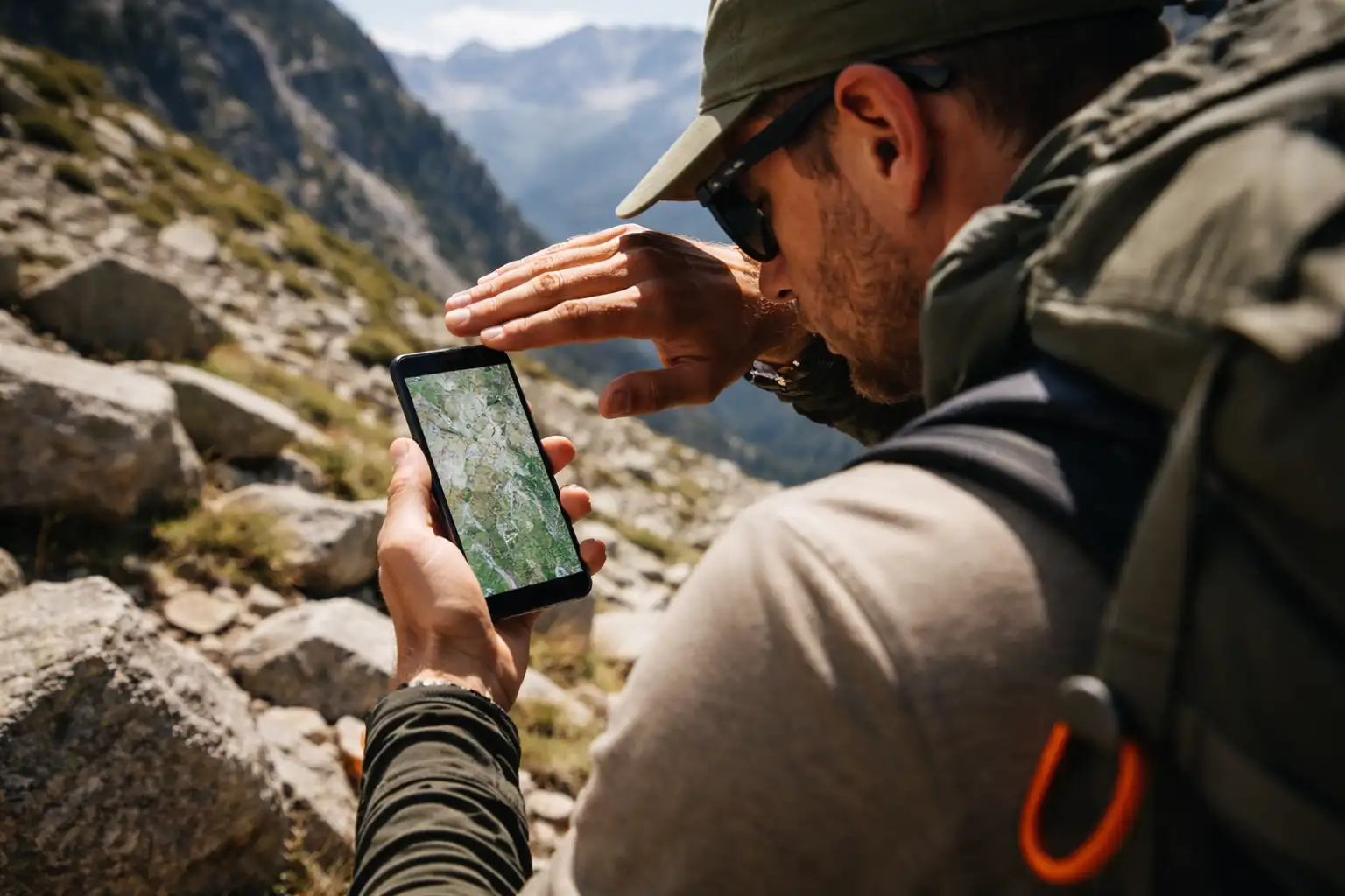 Smartphone tenu en plein soleil de montagne avec écran difficilement lisible, randonneur cherchant l'ombre pour consulter la carte
