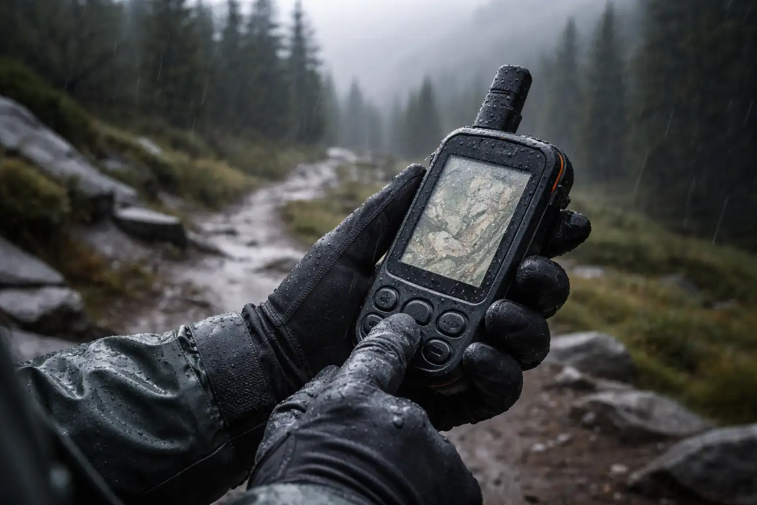 Mains gantées manipulant un GPS de randonnée étanche sous la pluie battante, écran lisible et boutons physiques réactifs