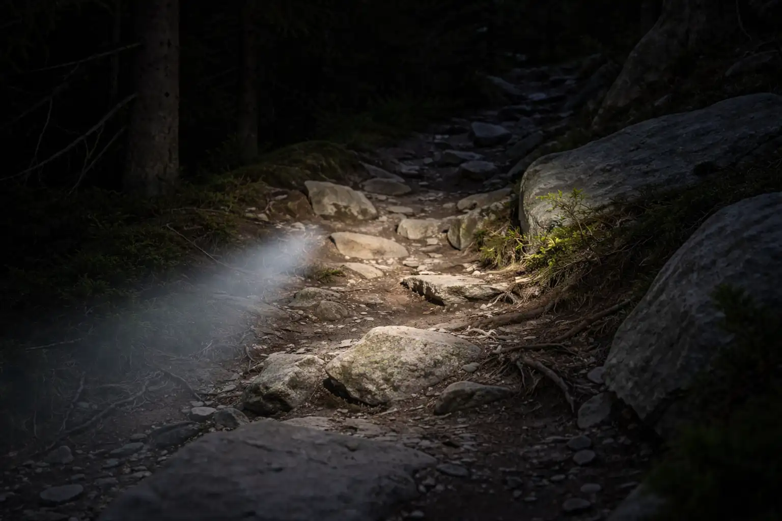 Frontale trail avec faisceau mixte éclairant un sentier technique de montagne la nuit