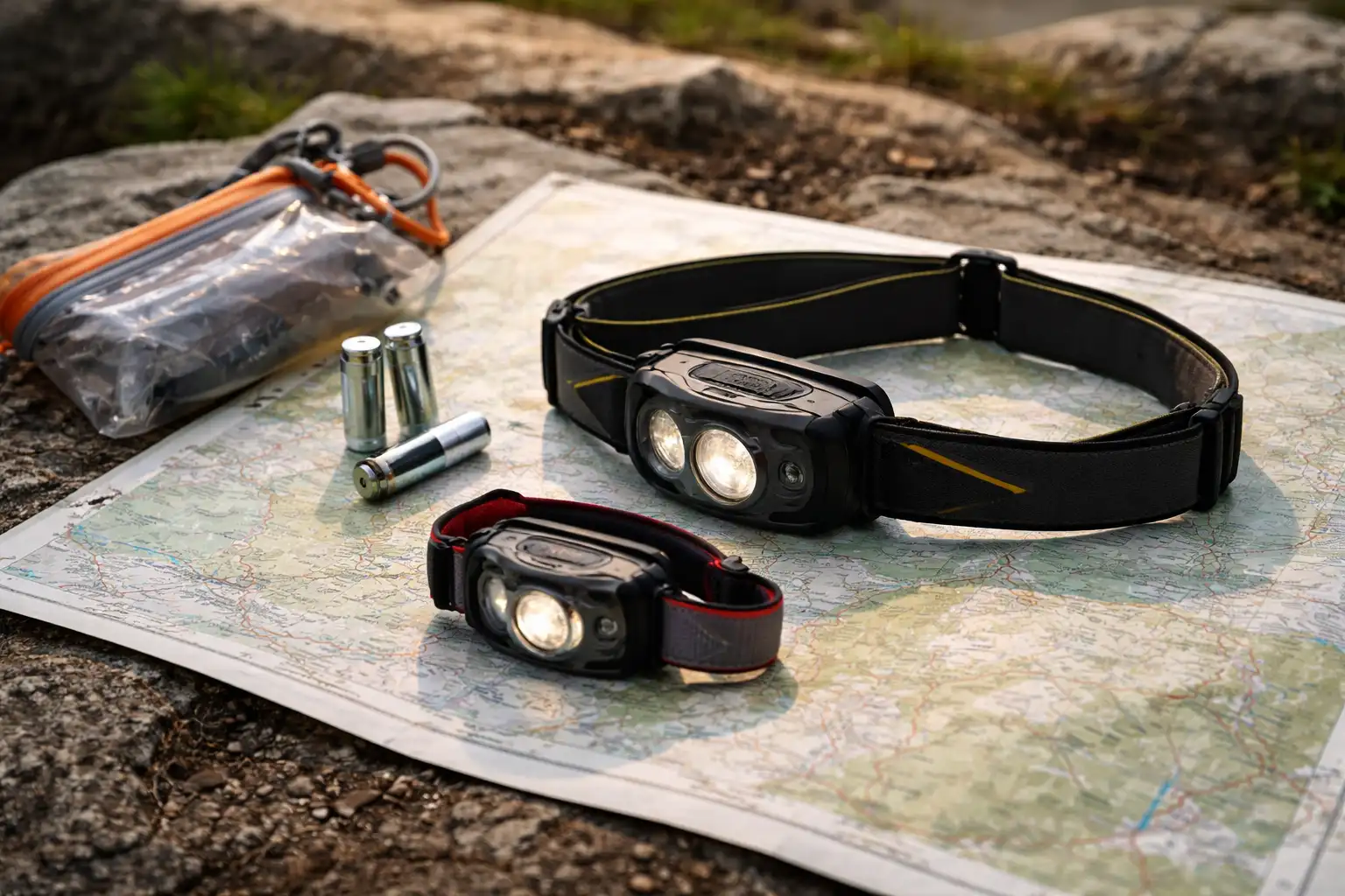 Lampe de secours compacte et frontale principale posées sur une carte topographique avec batteries de rechange