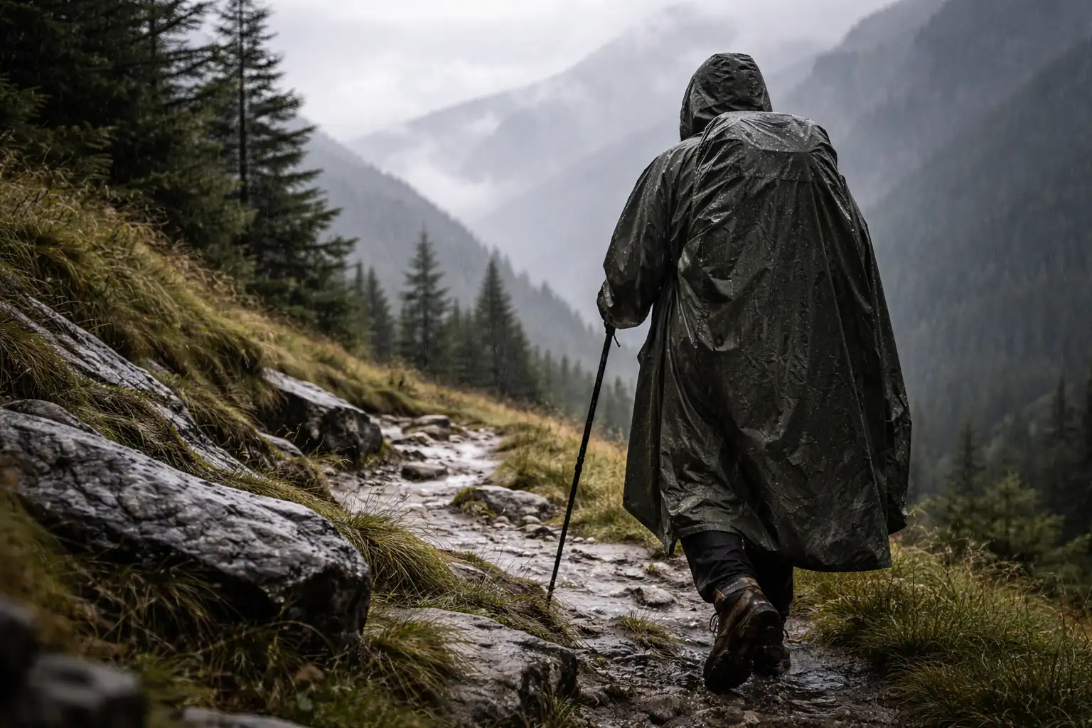 Randonneur portant un poncho de randonnée couvrant son sac à dos sur sentier de montagne sous la pluie