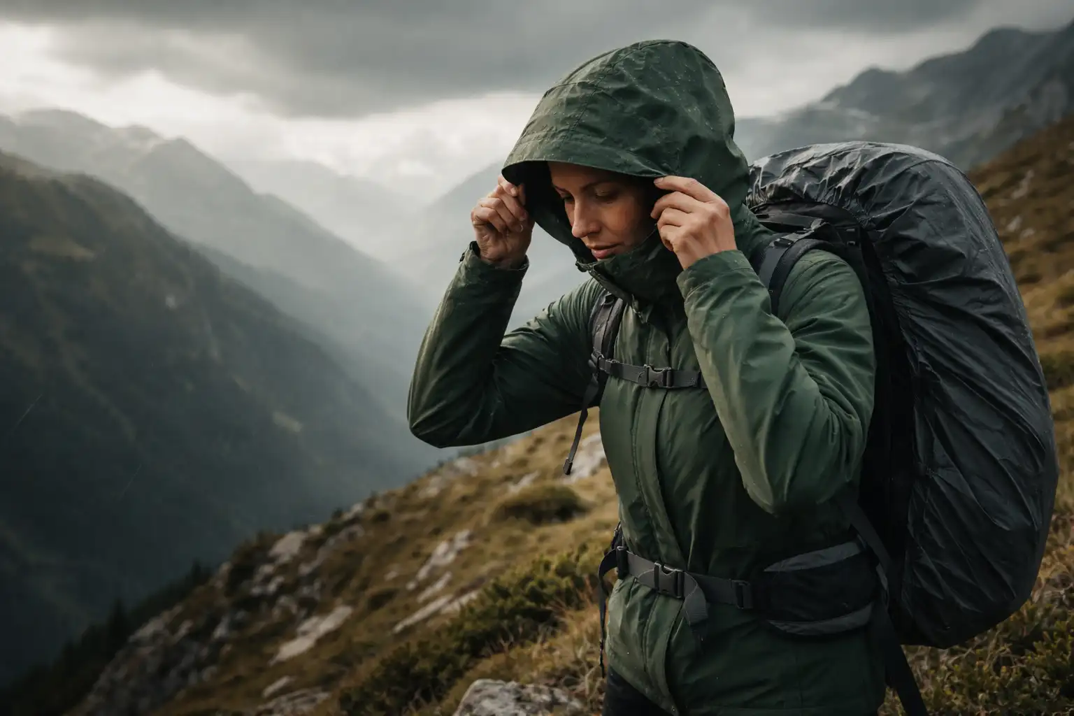 Randonneuse en veste imperméable technique sur crête venteuse ajustant sa capuche