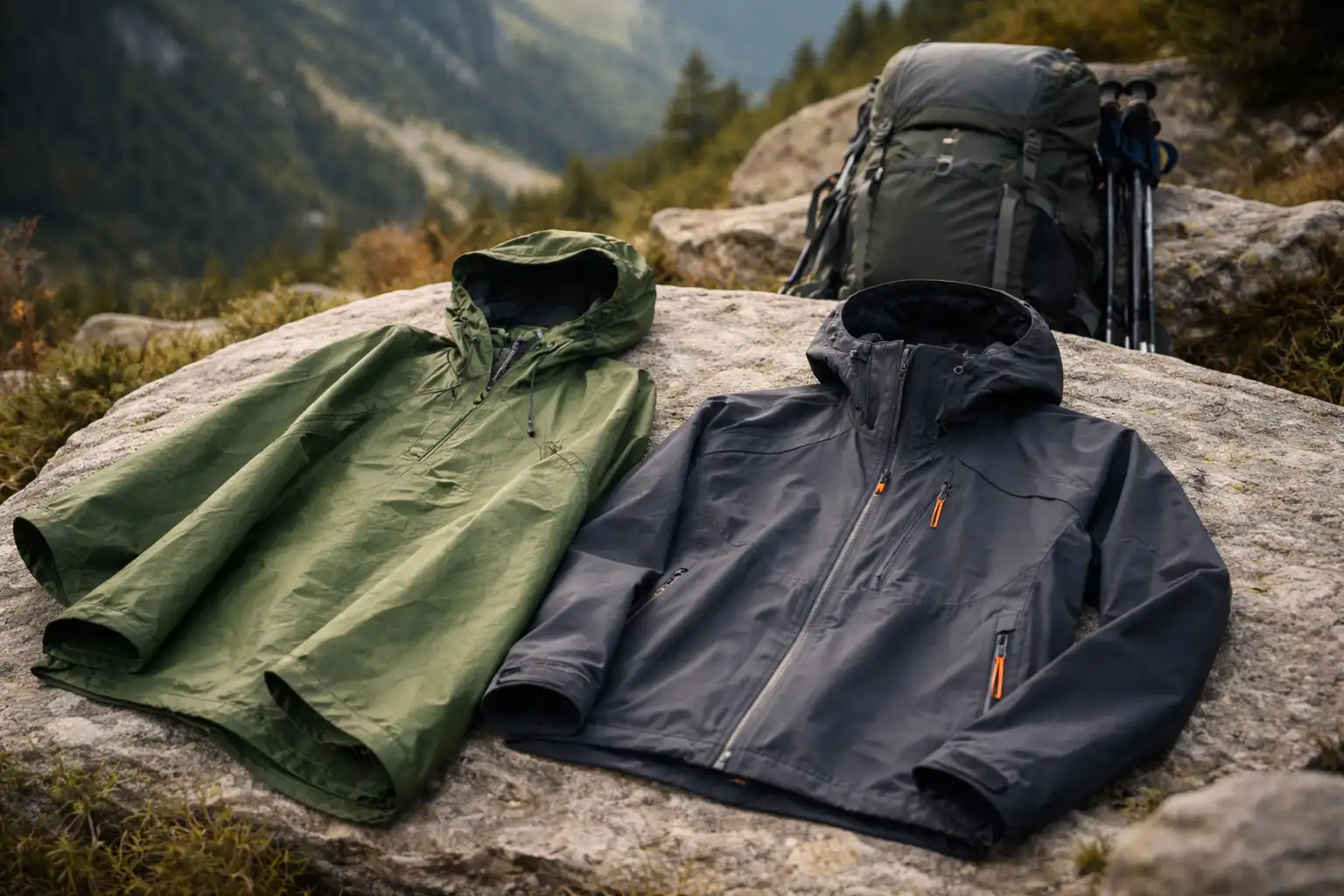 Comparaison visuelle poncho et veste imperméable posés sur rocher avec sac de randonnée