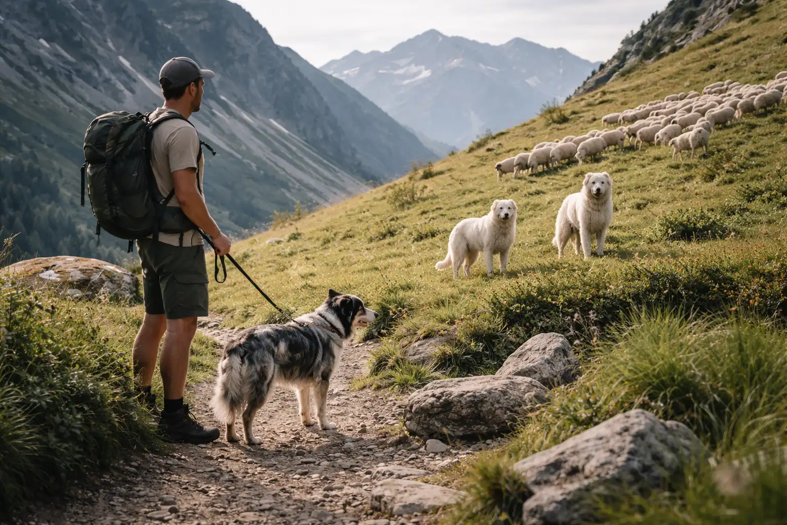 Randonneur avec chien tenu en laisse courte face à un troupeau gardé en alpage
