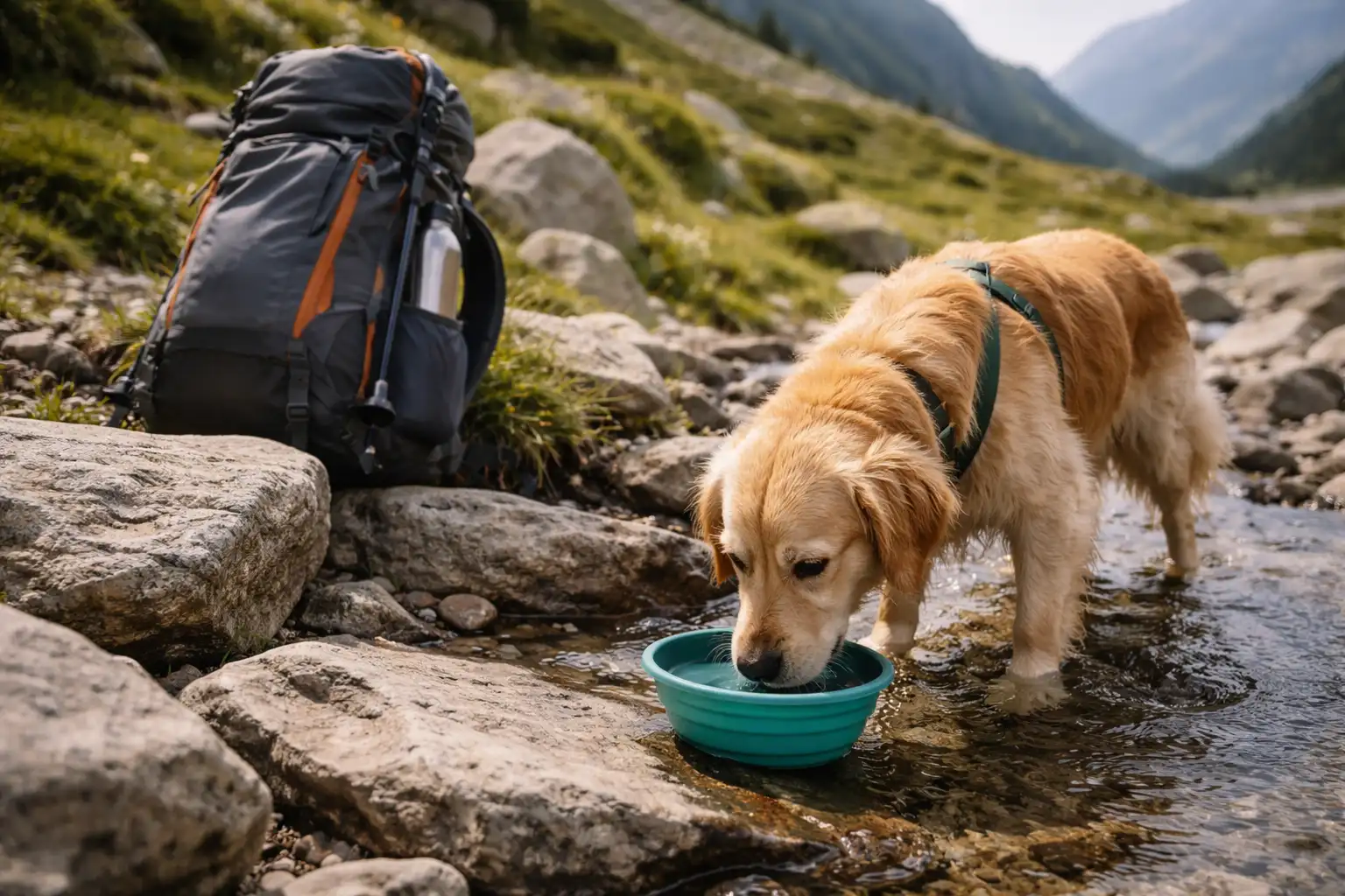 Chien buvant dans une gamelle pliable près d'un ruisseau de montagne
