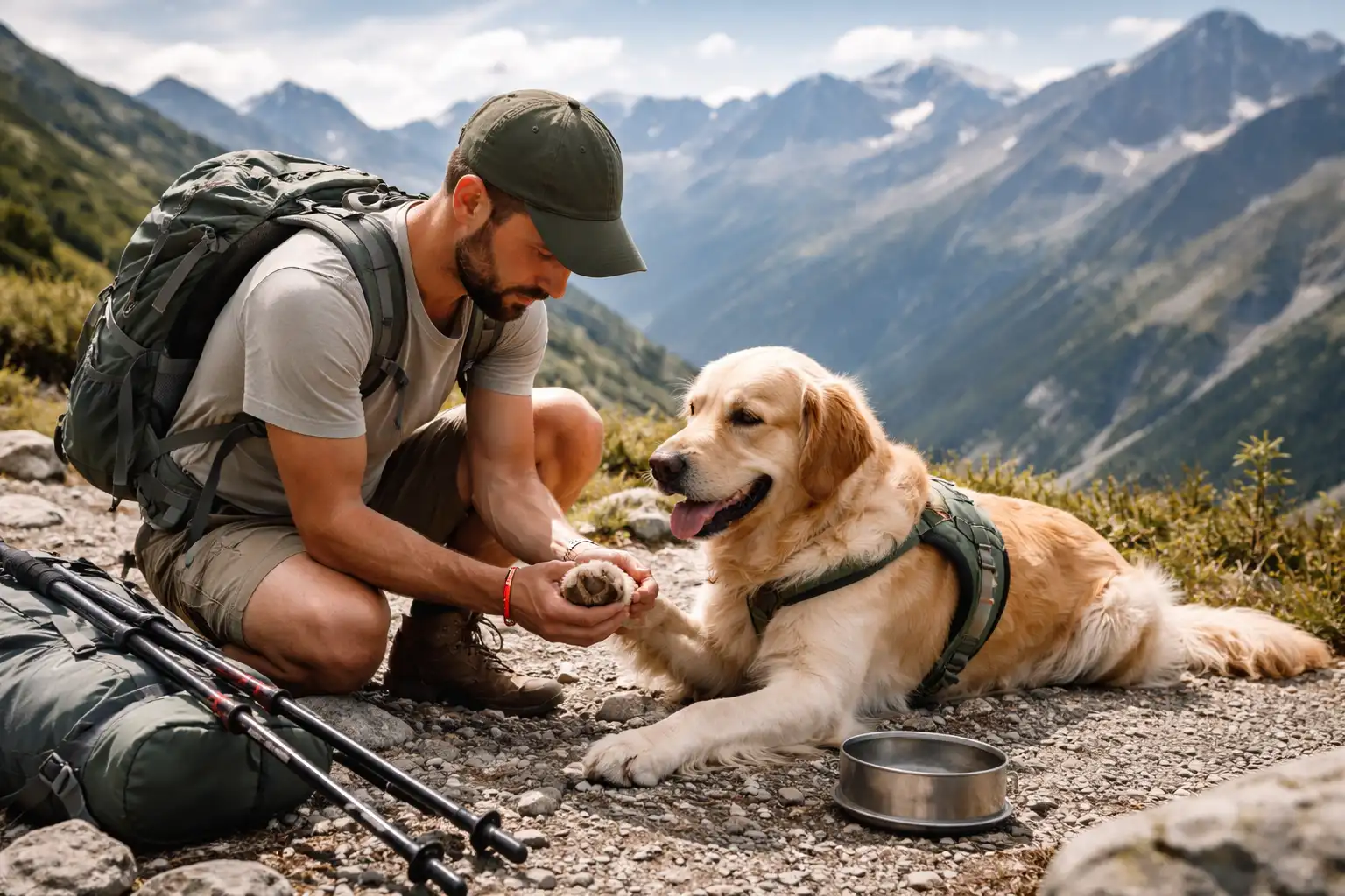 Randonneur inspectant les coussinets d'un chien lors d'une pause en montagne