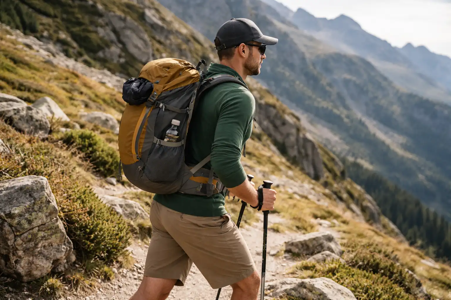 Randonneur avec sac à dos 25 litres en montagne, vue de profil