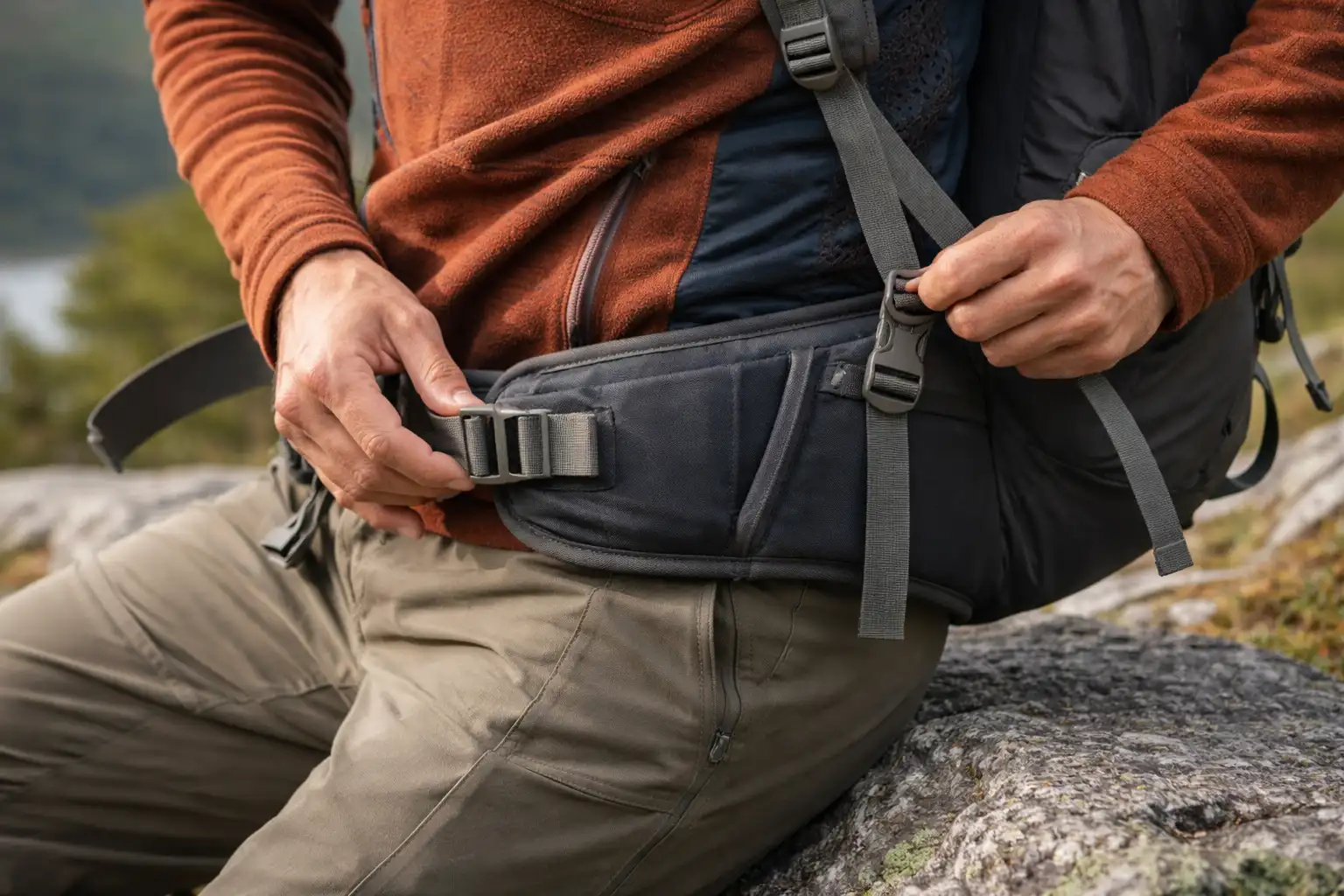Détail système de portage sac à dos randonnée, ceinture ventrale et sangles
