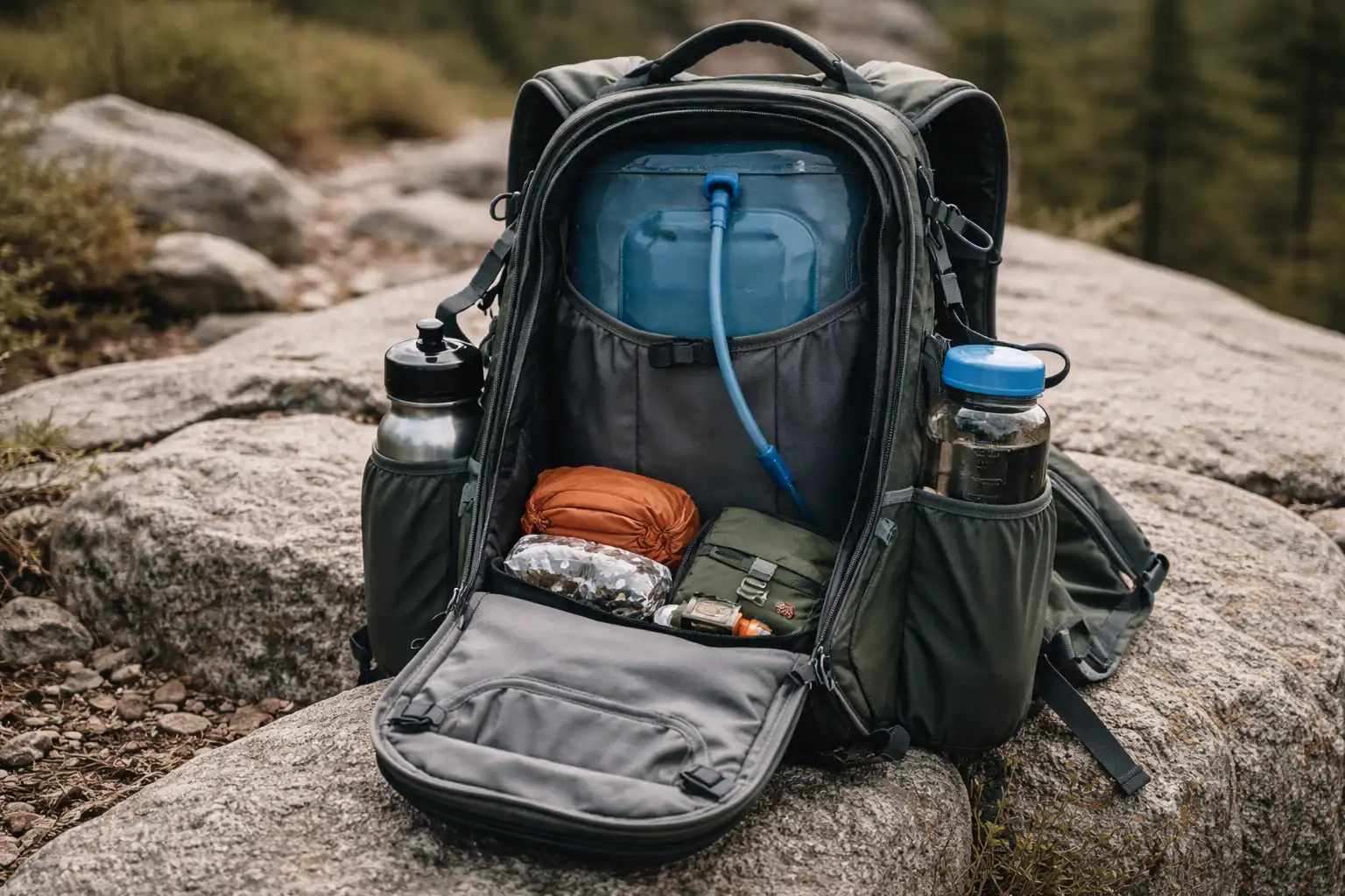 Poche à eau et gourdes dans sac à dos randonnée, organisation interne