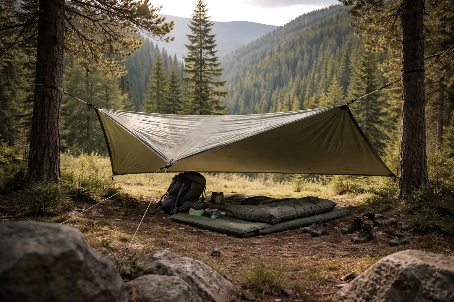 Tarp monté en configuration tente canadienne entre deux arbres en forêt