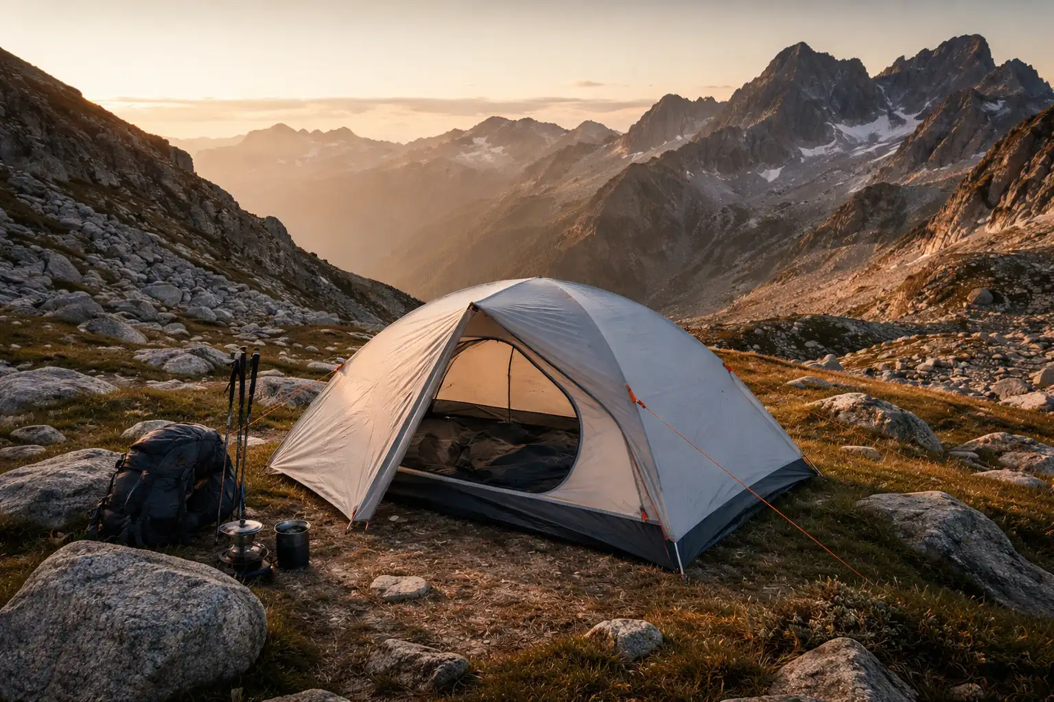 Tente trois saisons autoportante installée sur un terrain rocheux en montagne