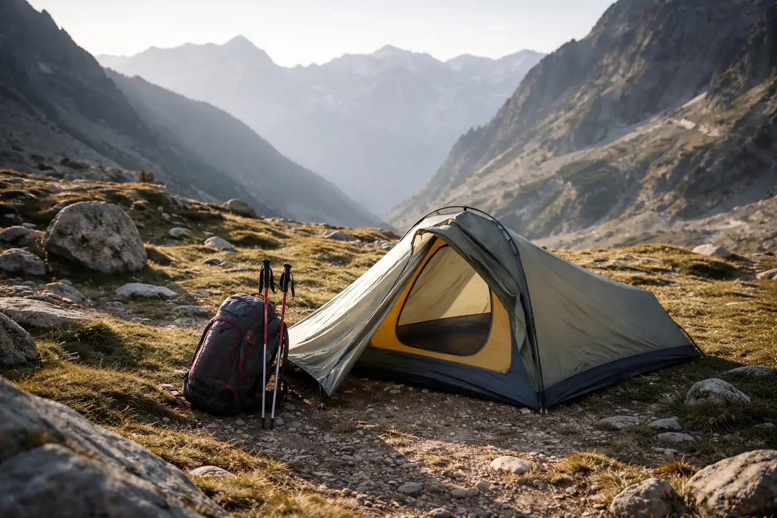 Tente de randonnée solo montée sur terrain roceux avec sac à dos et bâtons de marche
