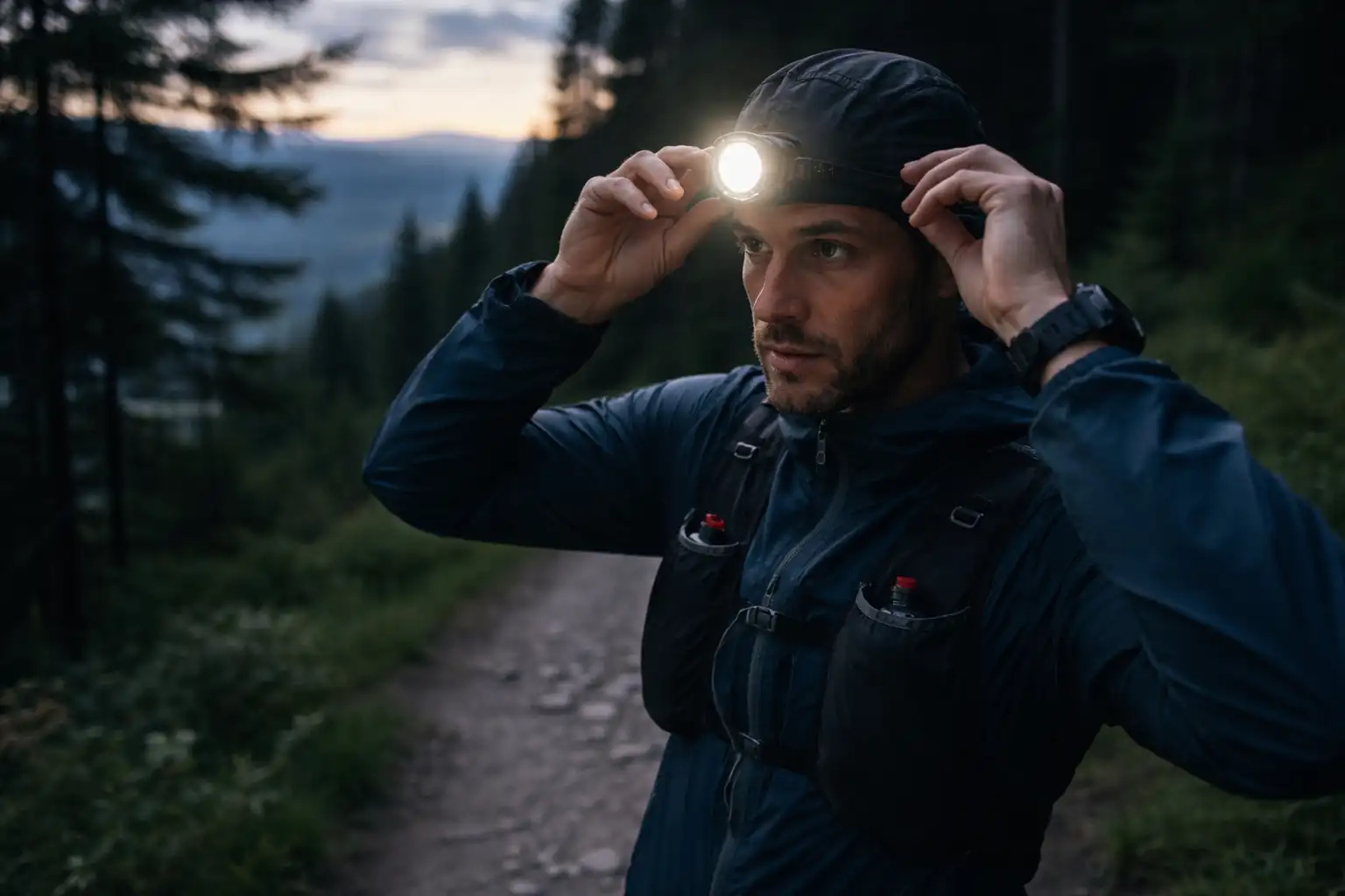 Traileur ajustant sa lampe frontale puissante avant une sortie nocturne en forêt