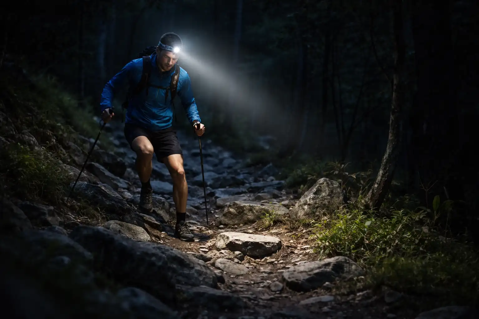 Coureur de trail descendant prudemment un sentier technique de nuit éclairé par lampe frontale
