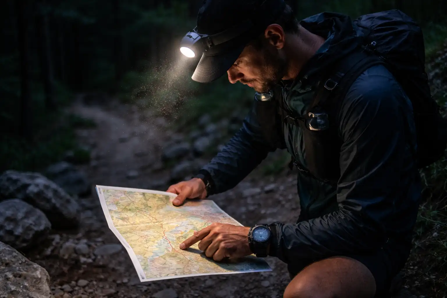 Traileur consultant une carte topographique et son GPS de nuit avec lampe frontale