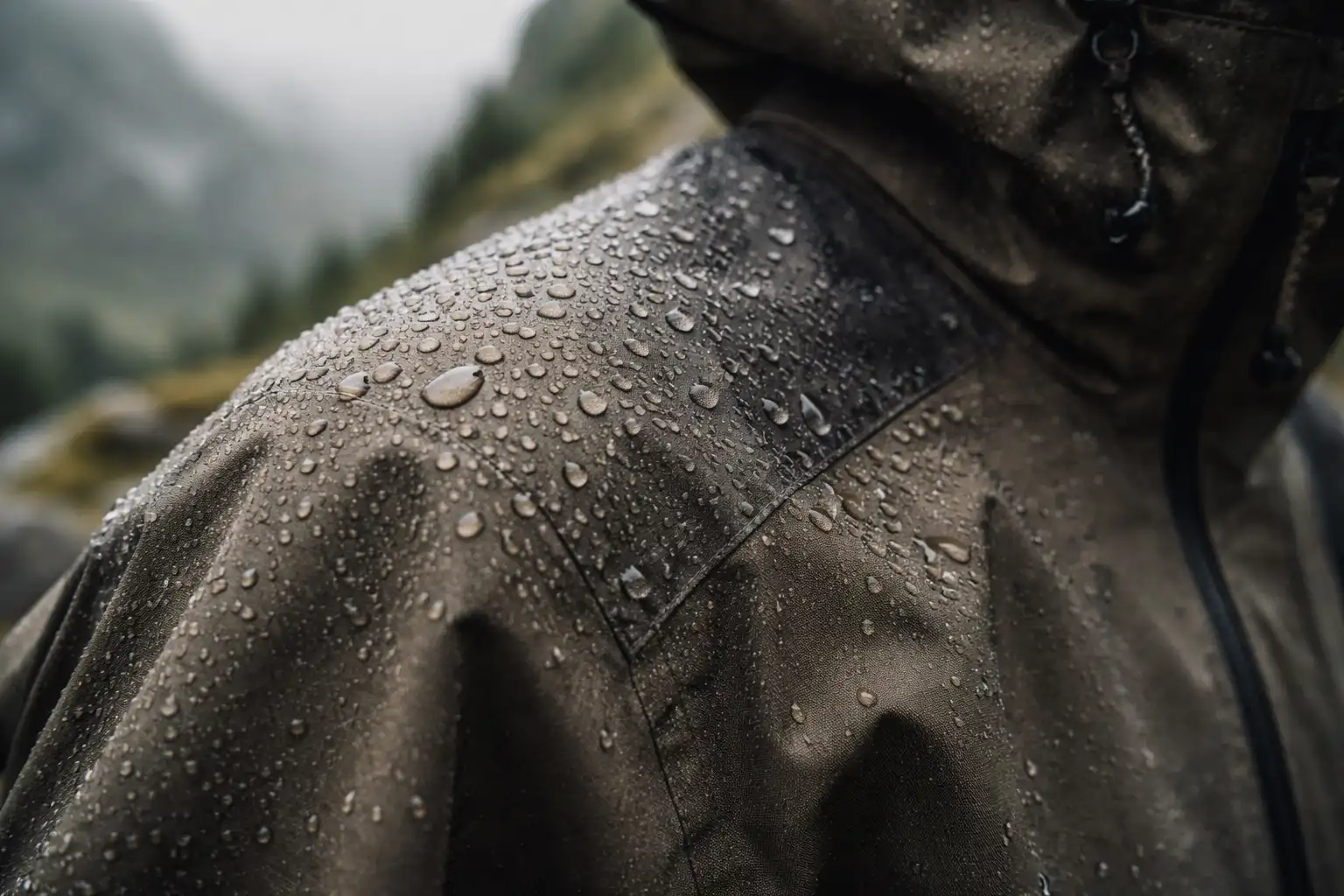 Gros plan sur une membrane imperméable de veste de randonnée avec des gouttes d'eau perlant sur le tissu extérieur