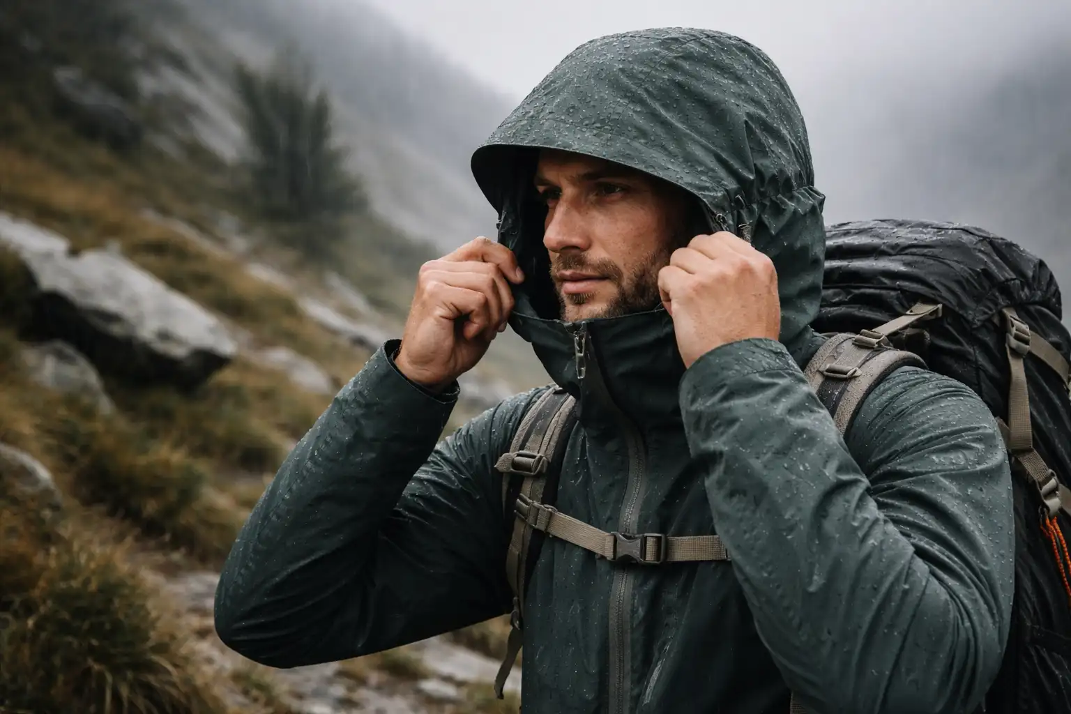 Randonneur ajustant la capuche de sa veste imperméable sous la pluie en montagne