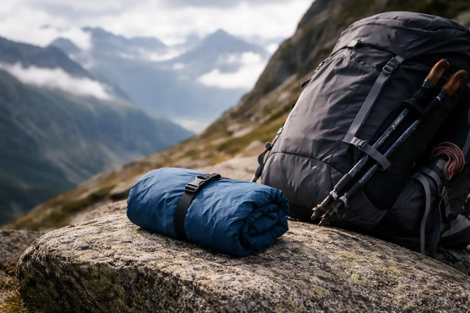 Veste imperméable de randonnée pliée et compacte à côté d'un sac à dos sur un rocher en montagne