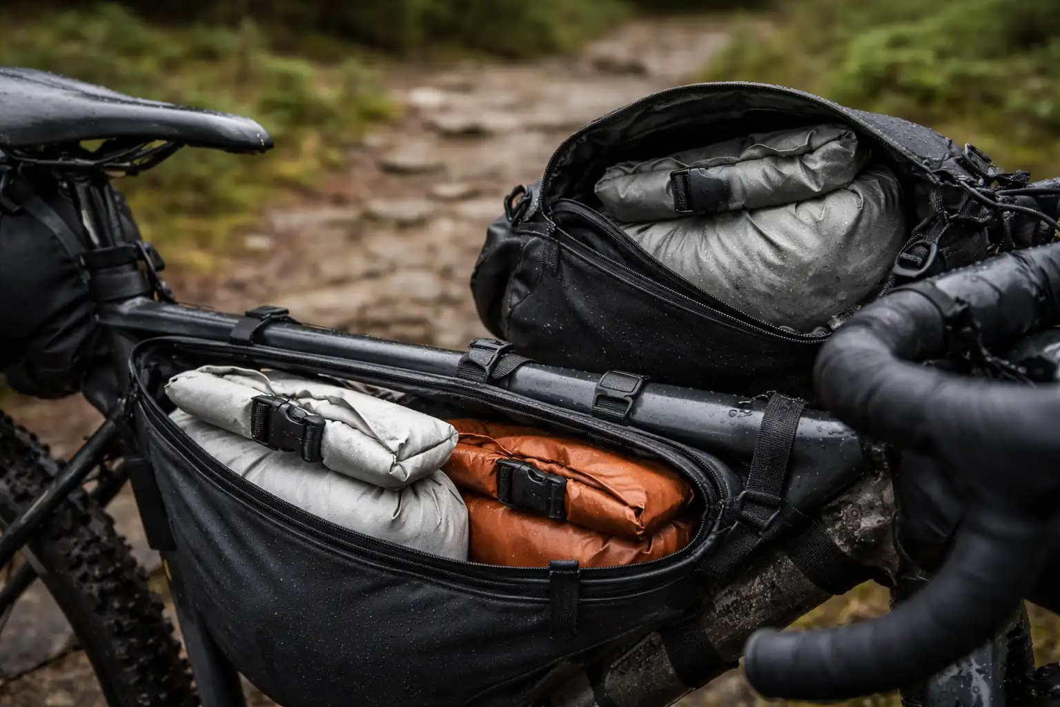 Sacs étanches certifiés rangés dans des sacoches de bikepacking ouvertes
