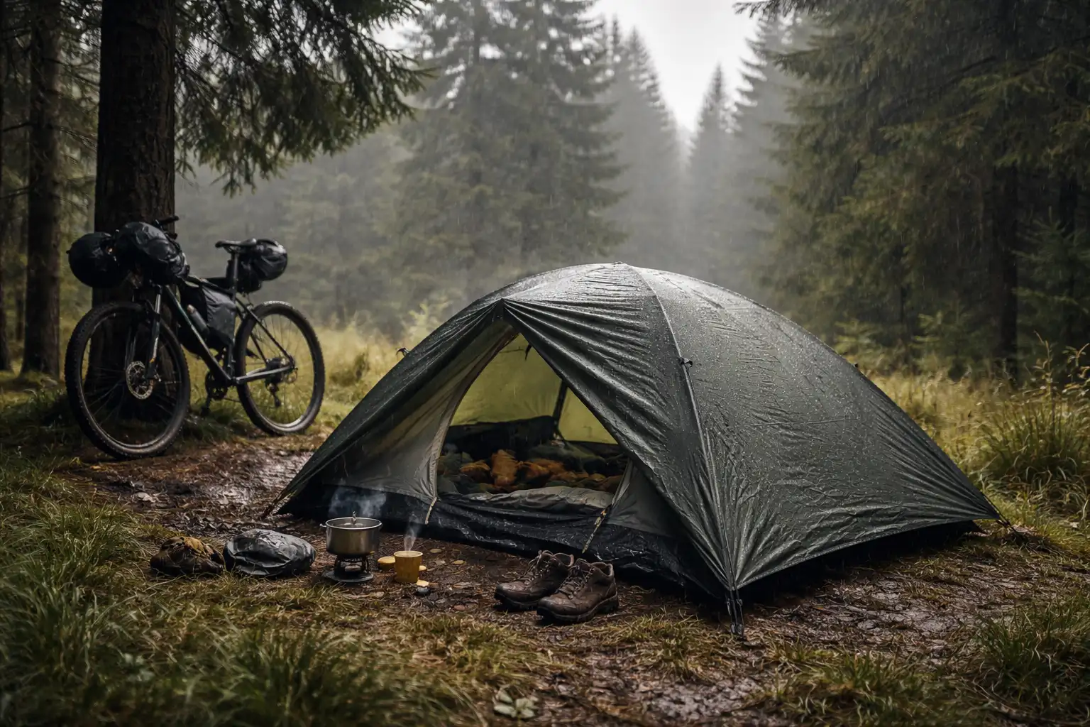 Tente de bikepacking montée sous la pluie avec double-toit tendu