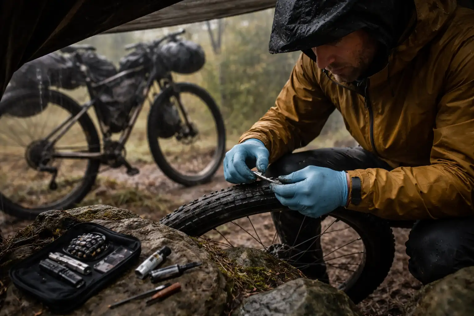 Cycliste réparant une crevaison tubeless sous un abri de fortune