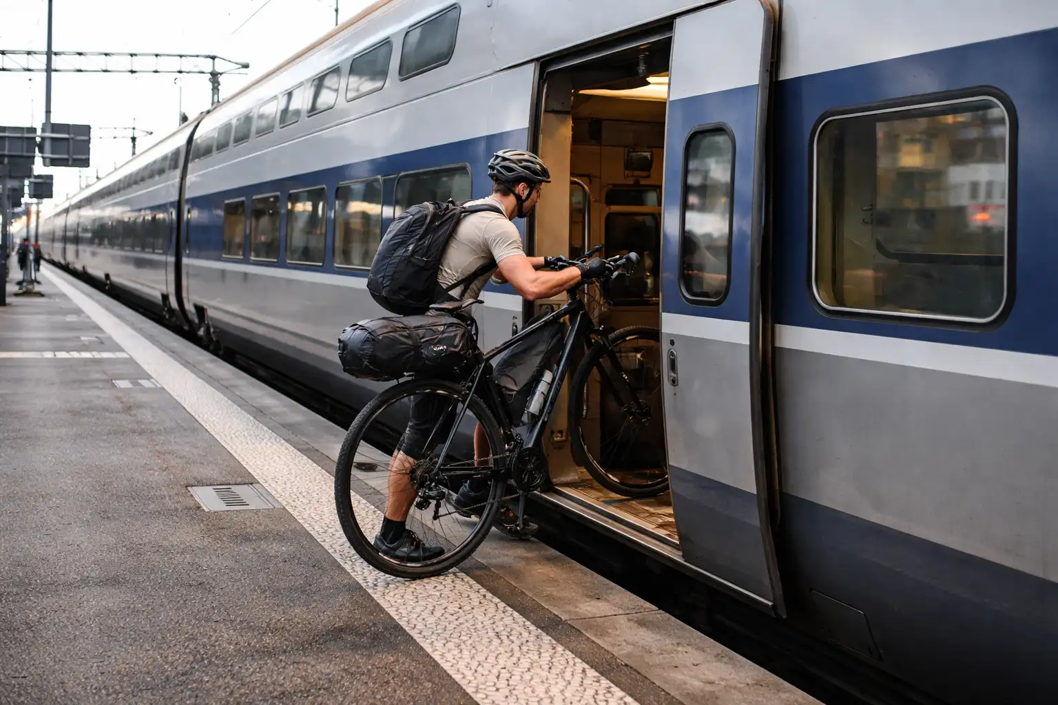 Cycliste en train d'embarquer un vélo chargé dans un TGV en gare française
