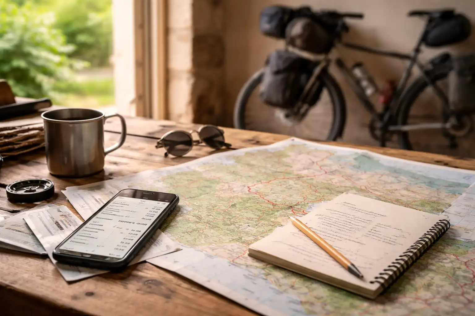 Carte d'itinéraire vélo posée sur une table avec un smartphone et un vélo en arrière-plan