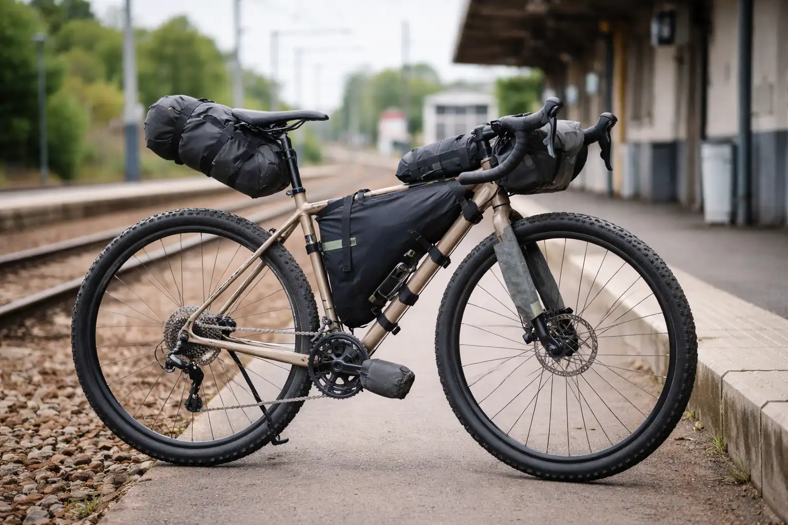 Vélo de bikepacking avec sacoches étanches et protections pour le transport en train