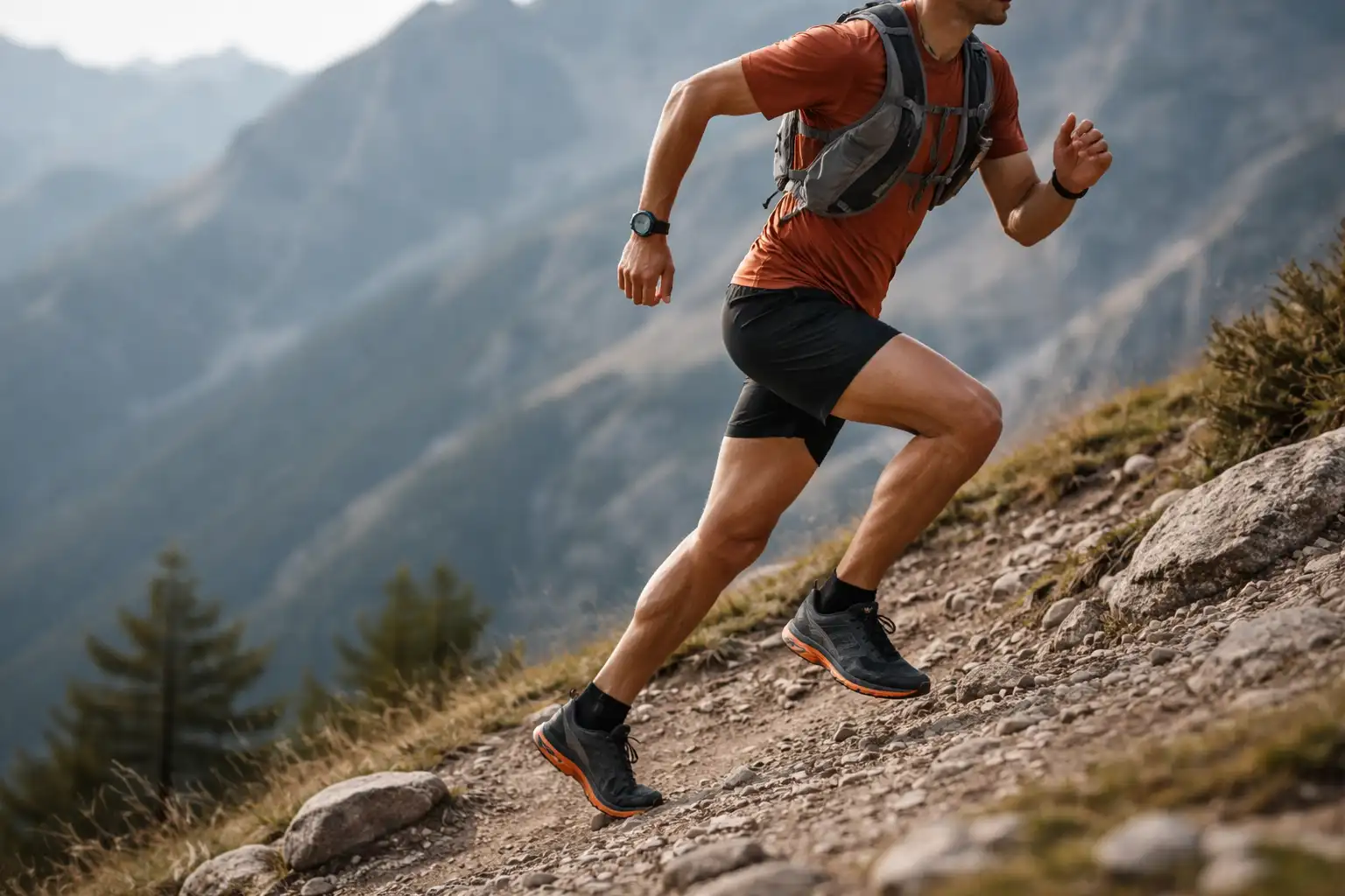 Coureur de trail en montée avec posture droite et bras actifs