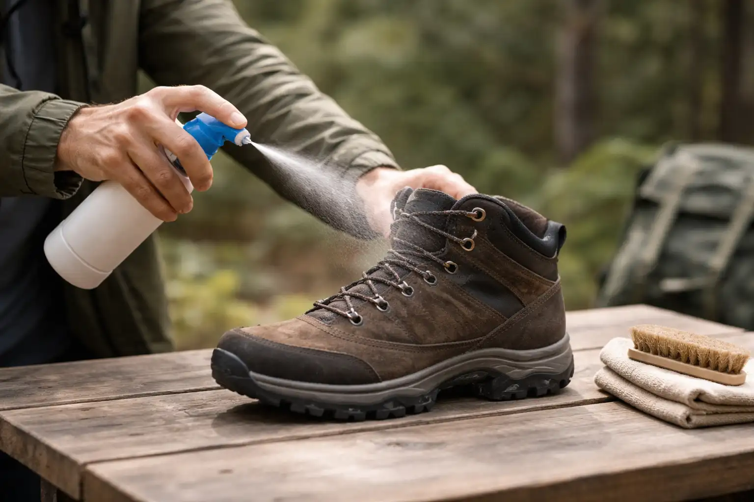Application de spray imperméabilisant sur chaussure de randonnée propre