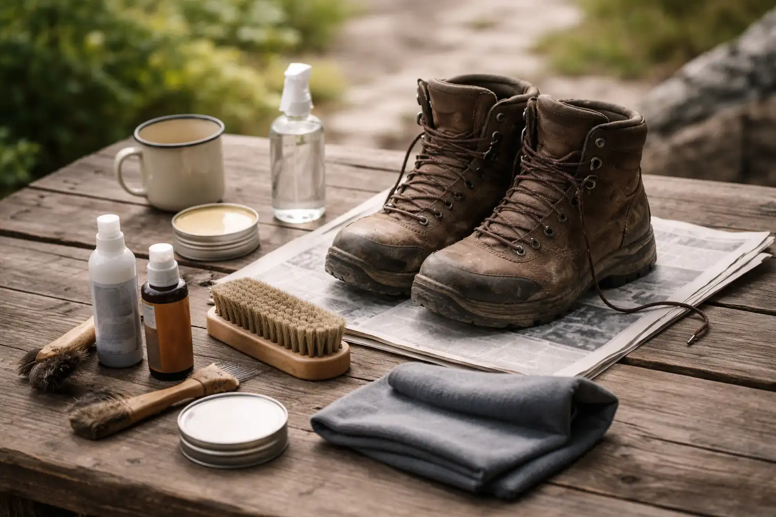 Kit d'entretien pour chaussures de randonnée disposé sur table