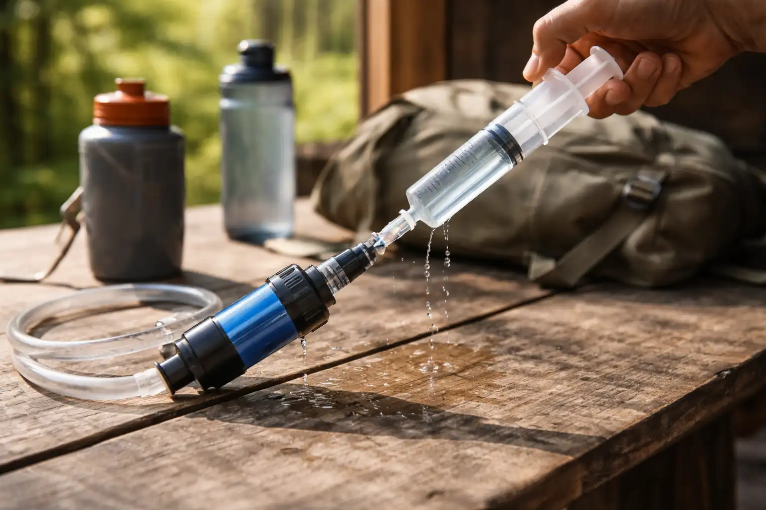 Seringue de rétrolavage insérée dans un filtre à eau de randonnée pour décolmater la membrane