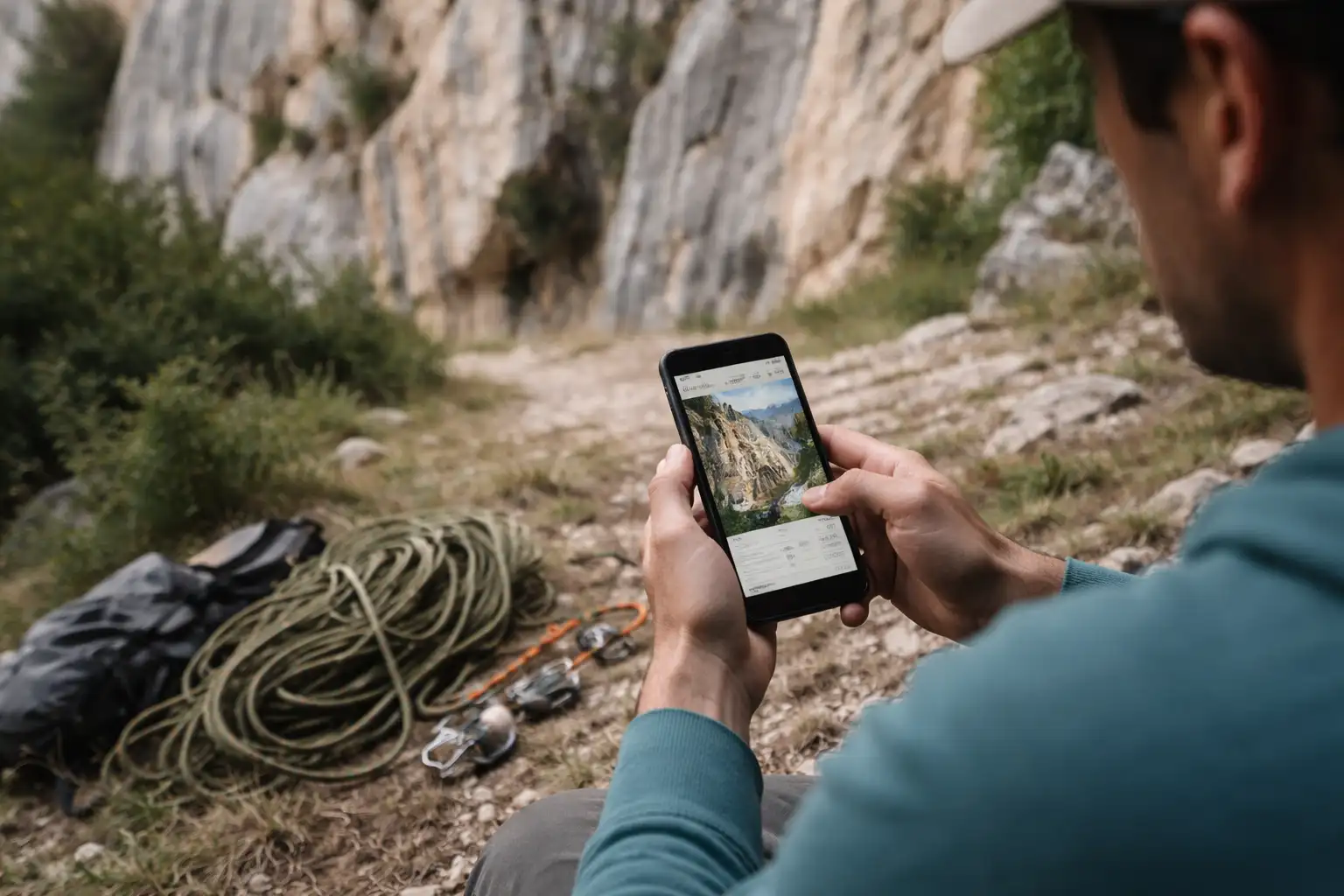 Grimpeur consultant un topo numérique sur smartphone au pied d'une falaise