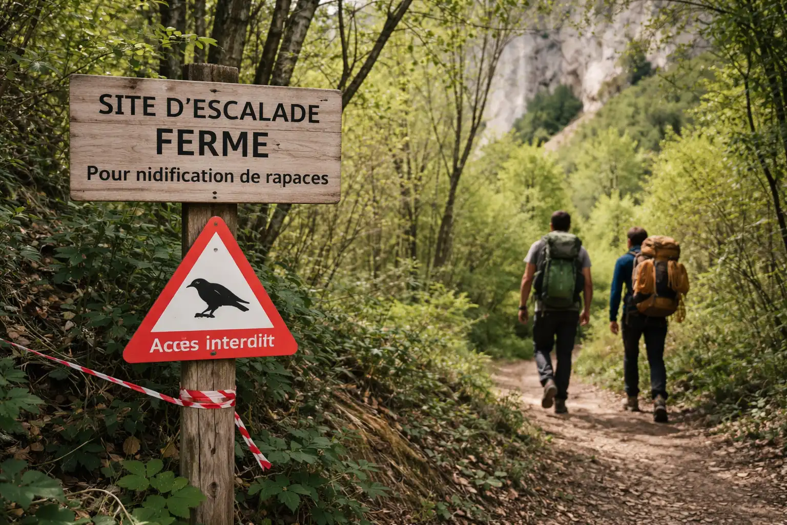 Panneau de fermeture temporaire pour nidification de rapaces sur sentier d'approche