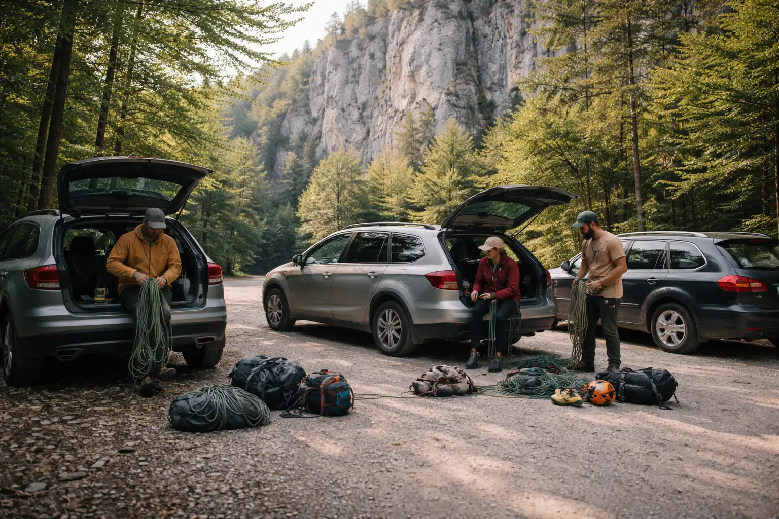 Vue d'un parking autorisé en forêt avec grimpeurs préparant leur matériel