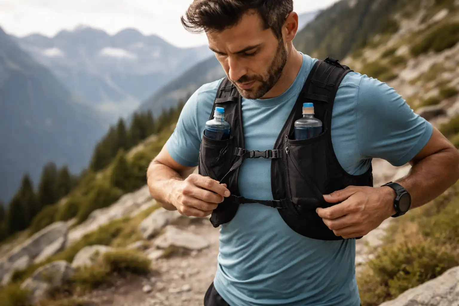 Coureur de trail portant un gilet d'hydratation ajusté sur sentier de montagne
