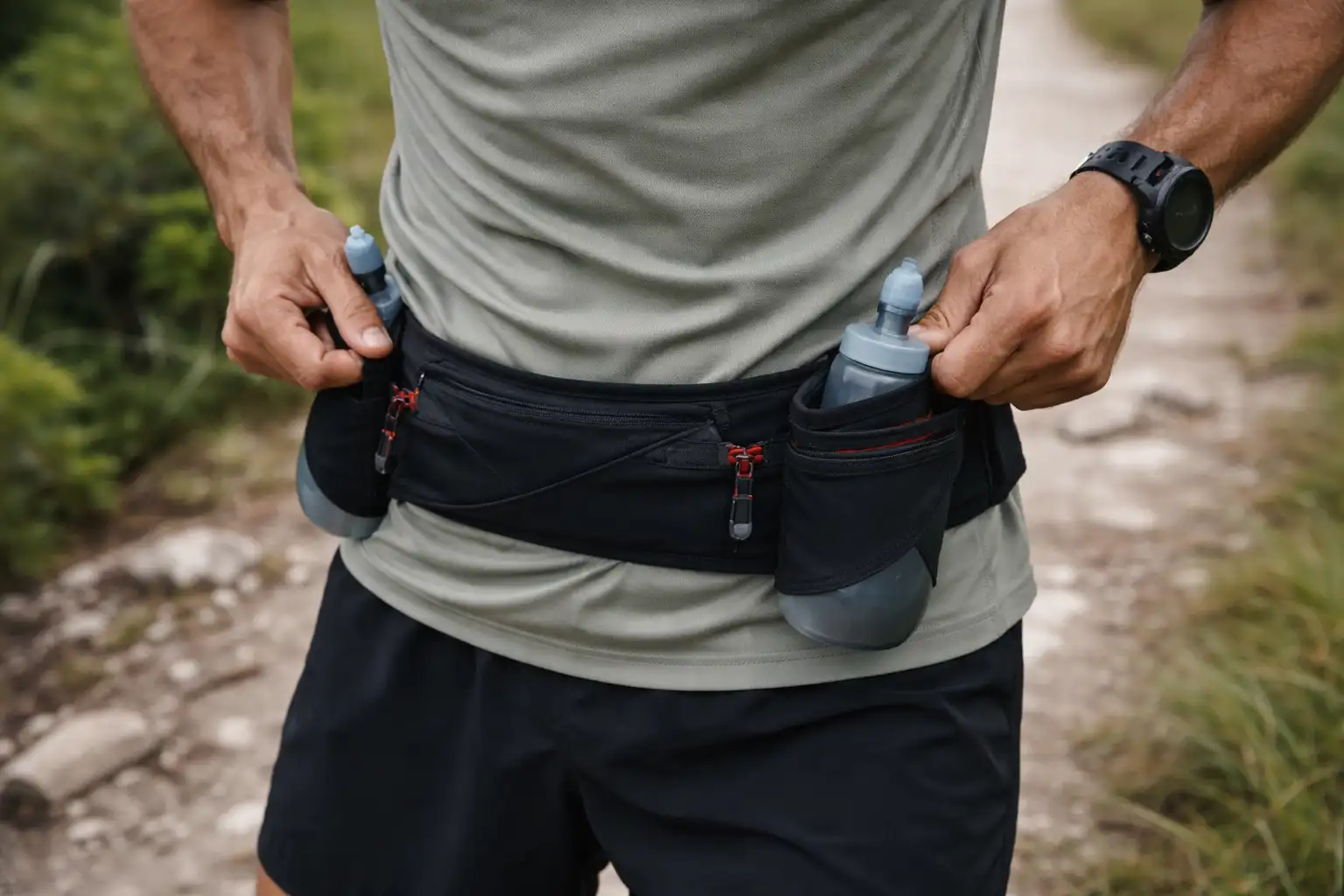 Détail d'une ceinture de trail avec flasques souples sur les hanches d'un coureur