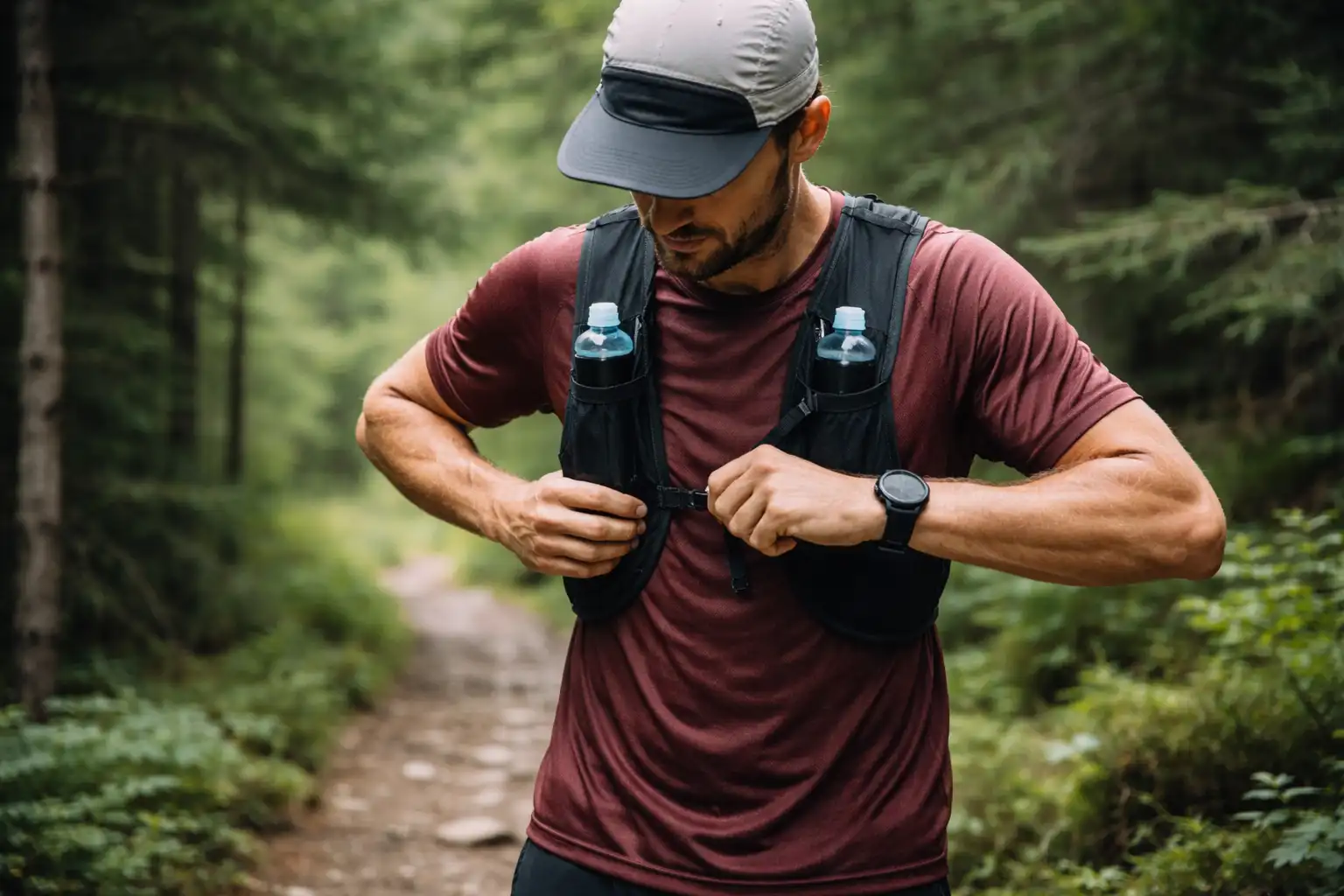 Coureur de trail testant l'ajustement de son système d'hydratation sur sentier