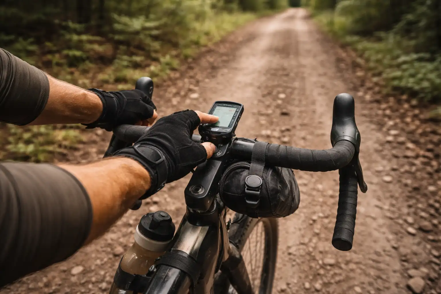 Cycliste gravel consultant son compteur GPS en roulant sur chemin forestier