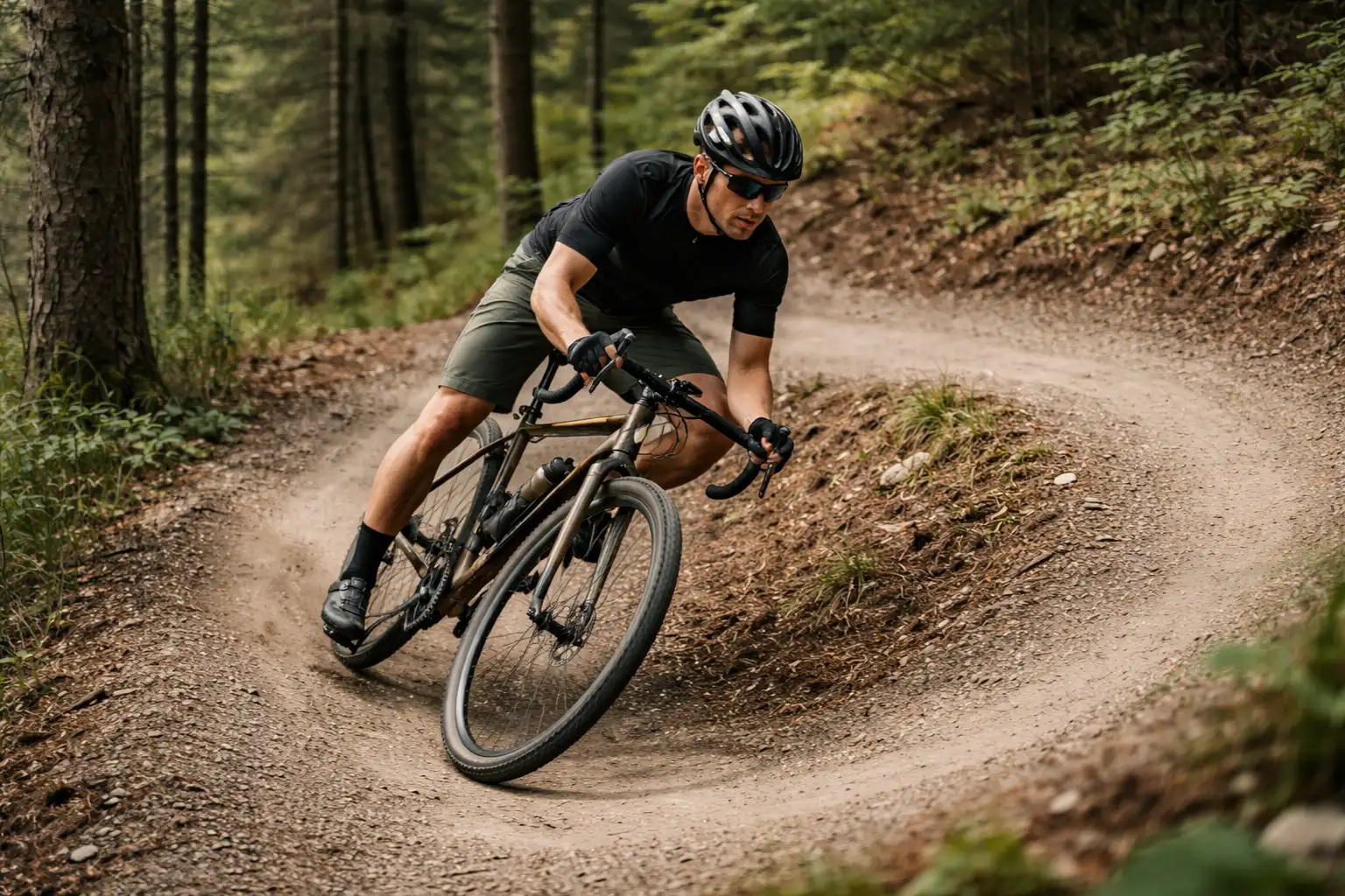 Cycliste gravel négociant un virage en épingle sur sentier forestier avec appui extérieur