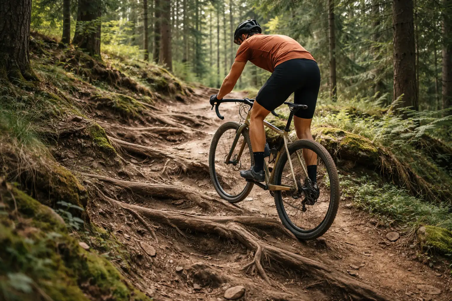 Gravel en montée technique sur sentier avec racines et placement du corps en danseuse