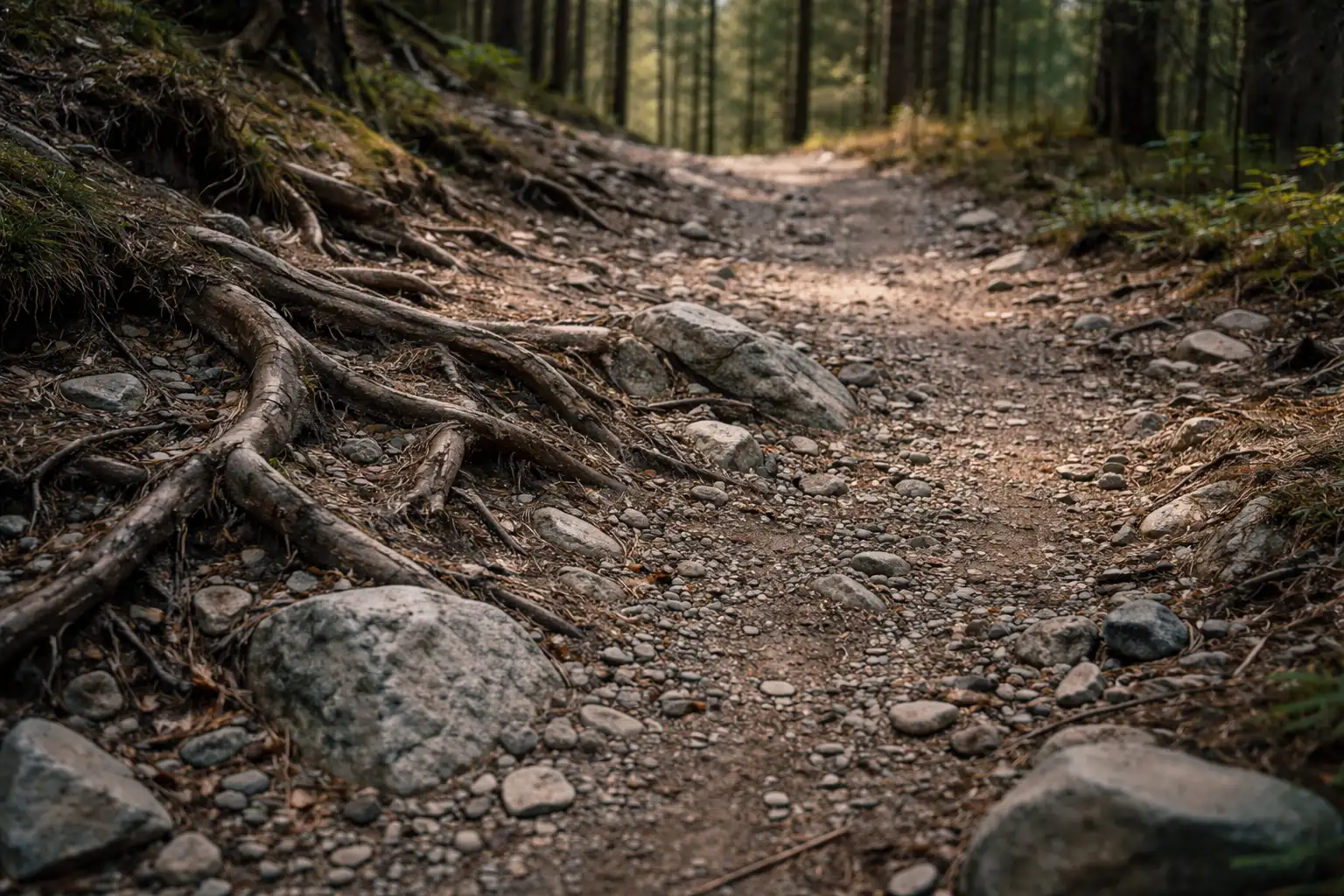 Vue rapprochée d'un sentier gravel technique avec racines, cailloux et zones d'appui visibles