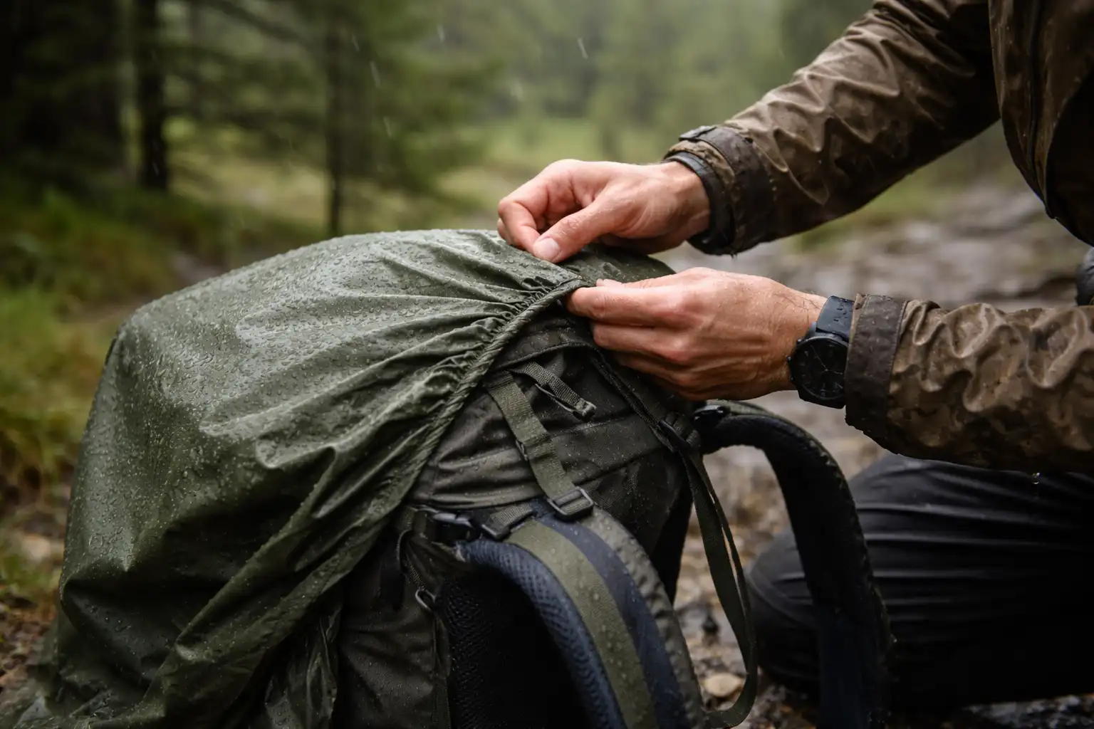 Randonneur ajustant une housse de sac imperméable sur son sac à dos sous une pluie légère en forêt