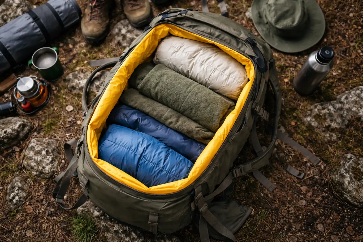 Liner étanche ouvert à l'intérieur d'un sac de randonnée montrant l'organisation des vêtements et du duvet