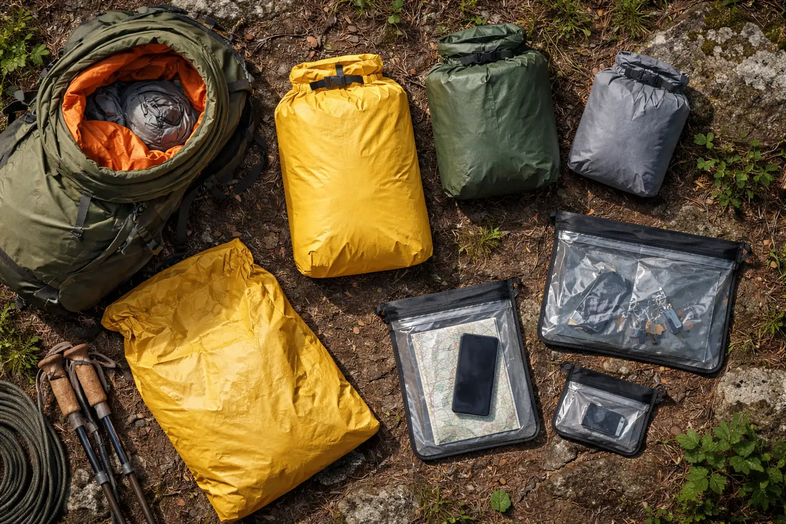 Équipement de protection contre l'humidité disposé sur le sol : liner étanche, sacs de compression et pochettes imperméables