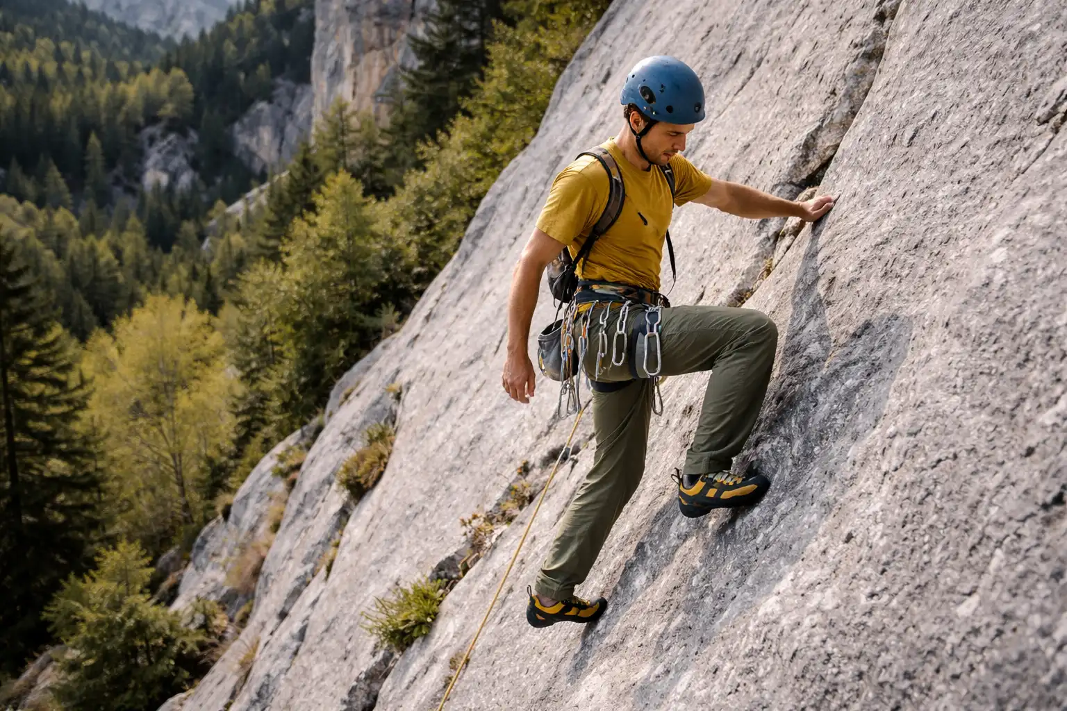 Grimpeur en dalle technique observant les prises de pied