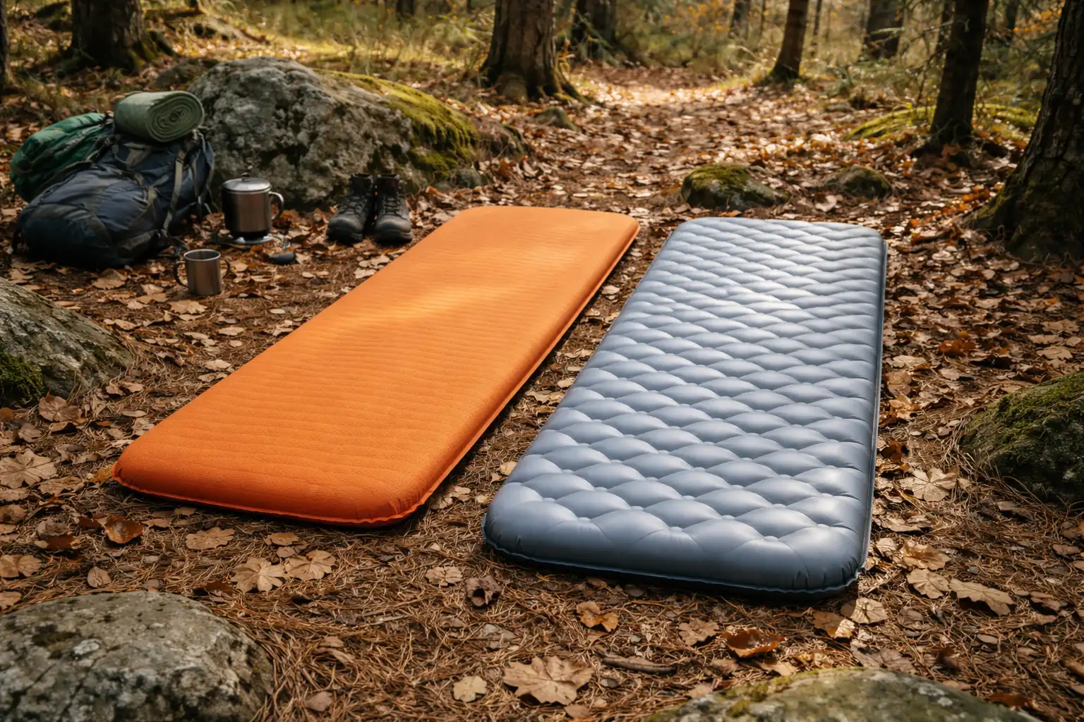 Matelas de randonnée autogonflant et gonflable côte à côte sur un sol de bivouac en forêt