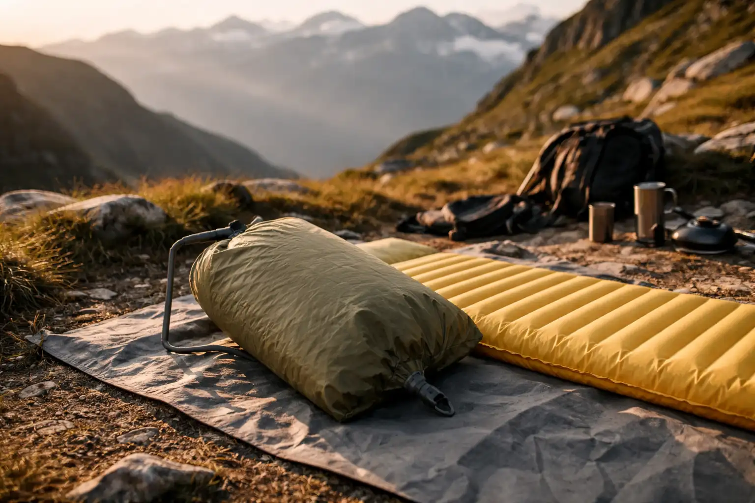 Pompe à sac pour gonfler un matelas de randonnée posée sur un tapis de sol en montagne