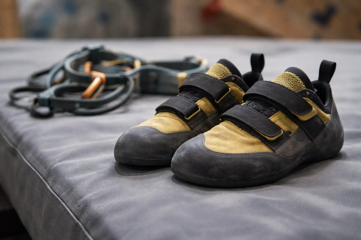 Chaussons d'escalade posés sur un tapis de gym avec baudrier en arrière-plan